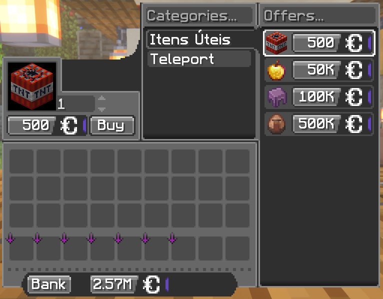 Interface do merchant de itens úteis do Minecraft
