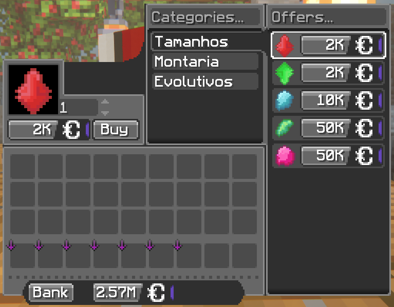 Interface do merchant com itens de tamanho, montaria e evolução