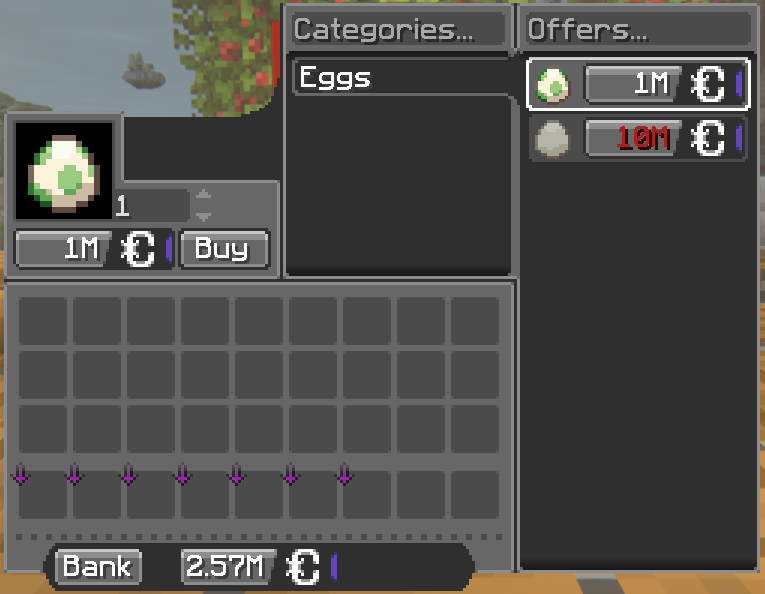 Interface do merchant de ovos shiny