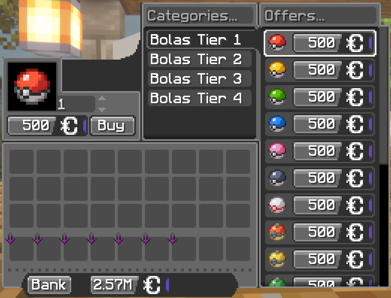 Interface do merchant de Poké Balls
